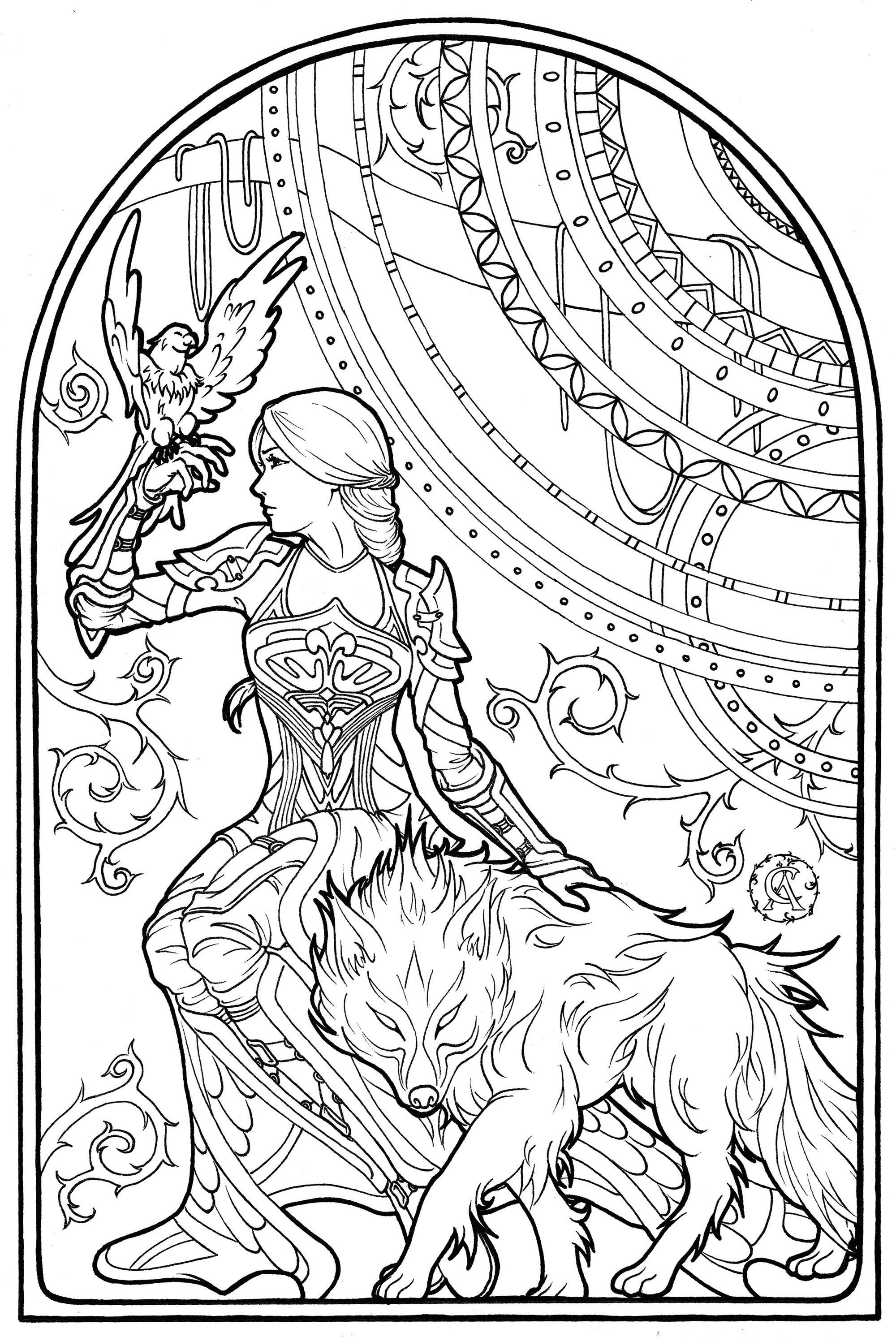 Druidess and her companions - Myths & legends Adult Coloring Pages