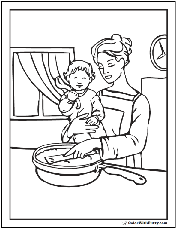 Mother's Day Coloring Pages: Mom With Baby In Kitchen