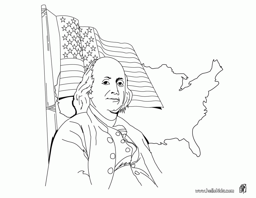 4th of JULY coloring pages - Benjamin Franklin and US flag