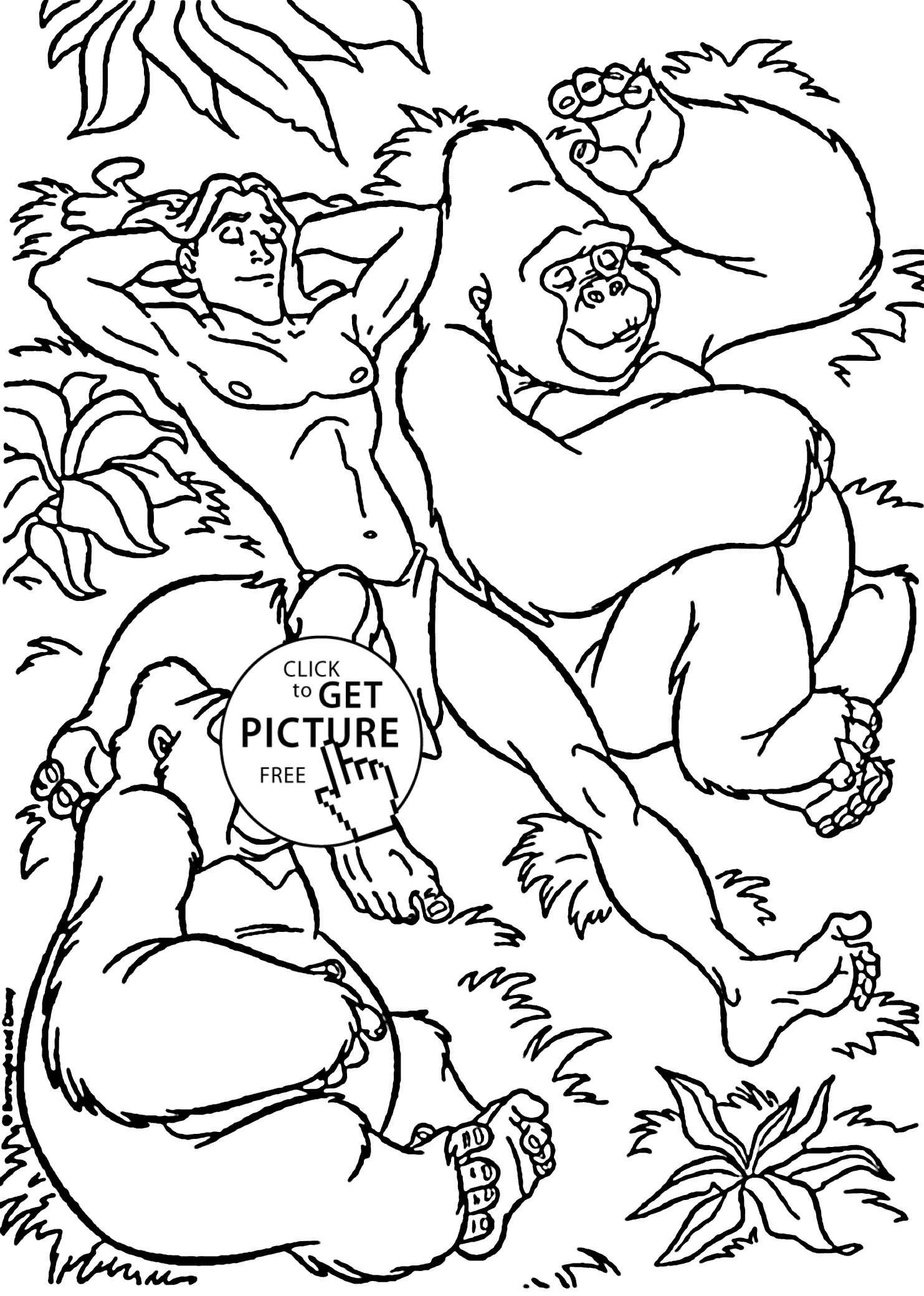 Tarzan and the gorilla sleep coloring pages for kids, printable free
