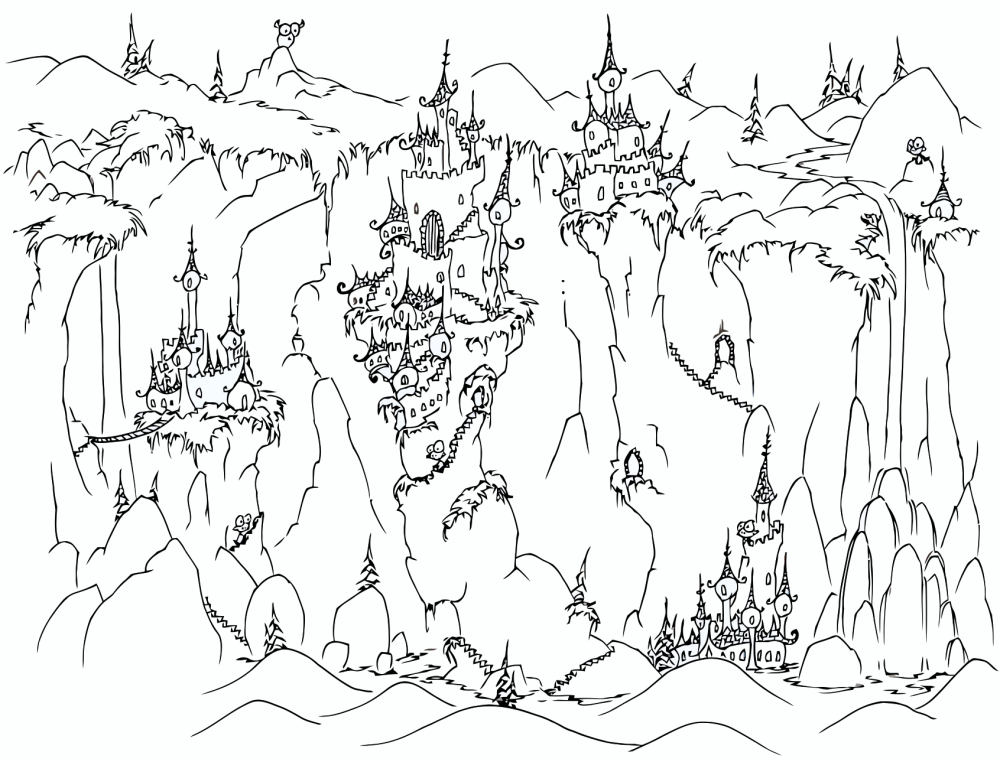 coloring page: spooky castles on cliffs | bluebison.