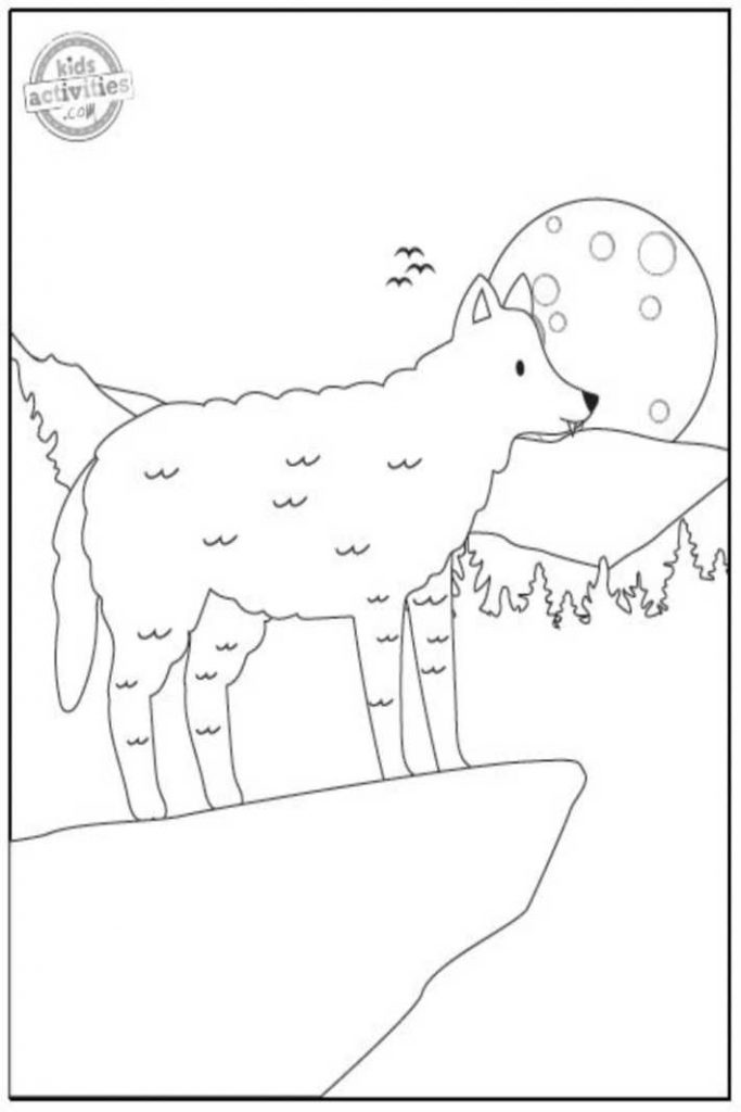 Cute Wolf Howling at Moon Coloring Pages for Kids | Kids Activities Blog