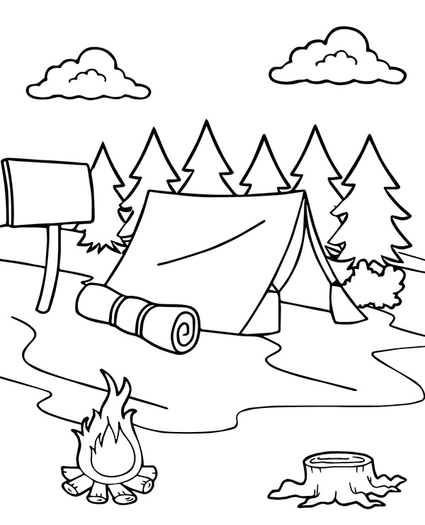 Camping in the forest coloring page with tent