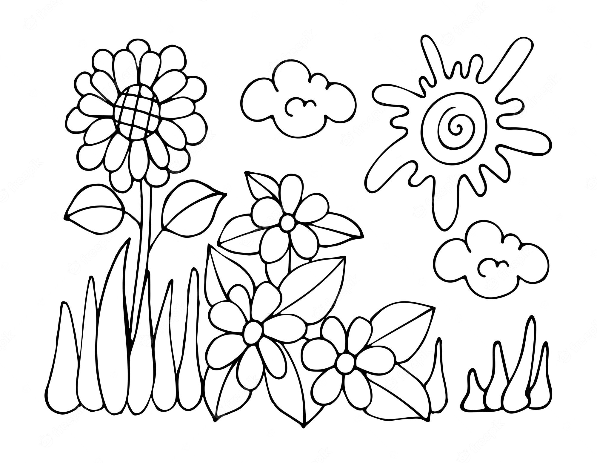 Premium Vector | Sunflower landscape coloring page on a sunny summer day  flowers in the grass flower field hand drawn vector line drawing coloring  book for children and adults black and white