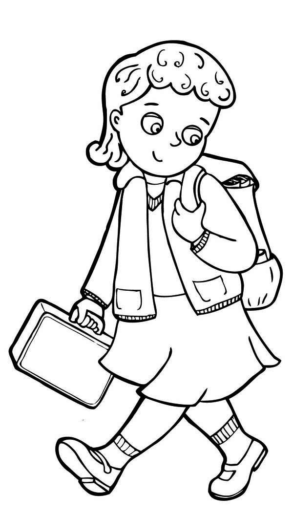 girl going to school coloring page - Clip Art Library