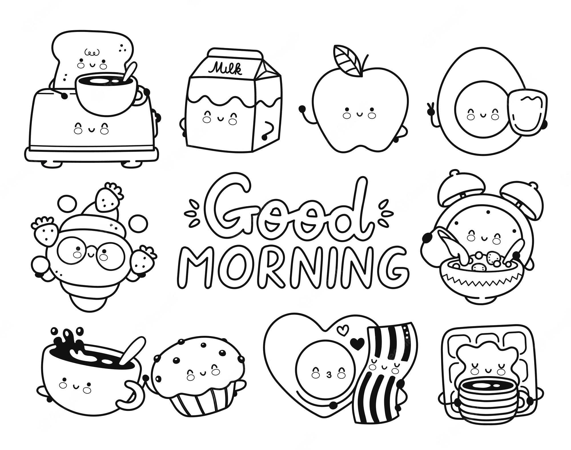 Premium Vector | Cute happy breakfast food,good morning coloring page set  collection.vector cartoon kawaii clock character stickers doodle  illustration.good morning,alarm clock,coffee,egg,toast, page for coloring  book