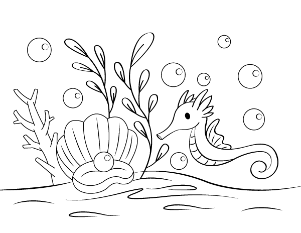 Printable Clam And Seahorse Coloring Page
