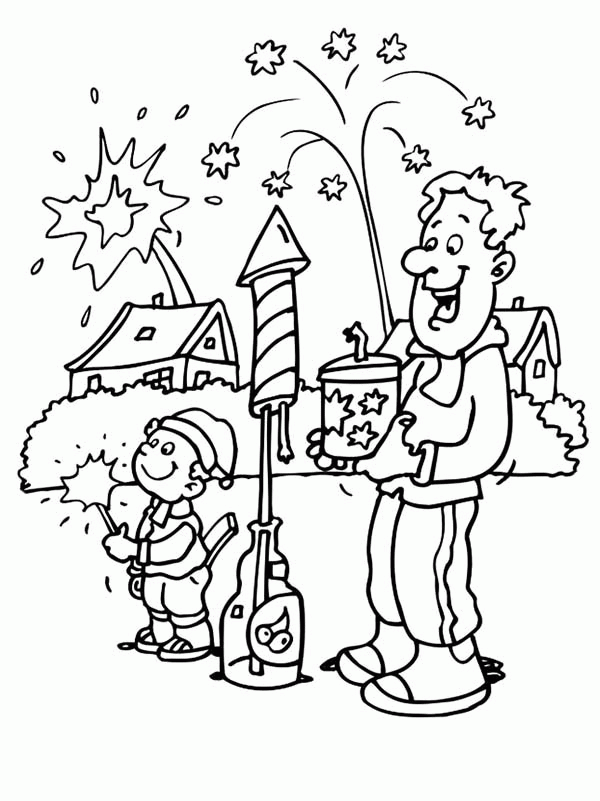 Father and Son Play Fireworks in New Year Eve Coloring Page ...