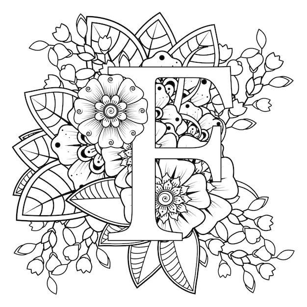 Premium Vector | Letter f with mehndi flower decorative ornament in ethnic  oriental style coloring book page