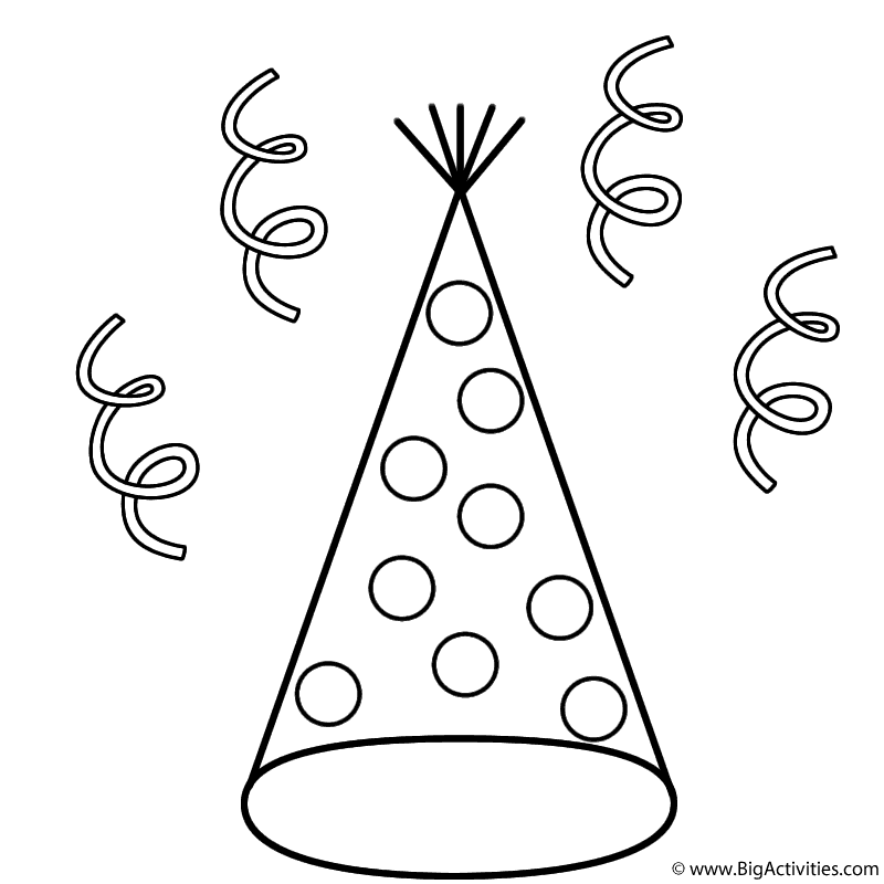 Party Hat with Dots and Streamers - Coloring Page (Canada Day)