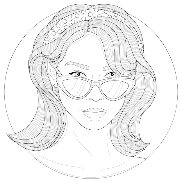 Premium Vector | Beautiful girl with glasses, earrings and a hair band.coloring  book antistress for children and adults. illustration isolated on white  background.black and white drawing.zen-tangle style.