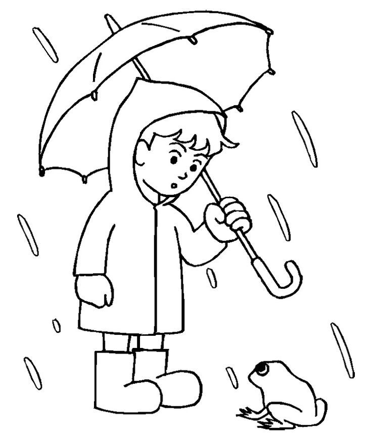 Boy With His Umbrella And Rain Jacket Under The Spring Rain ...