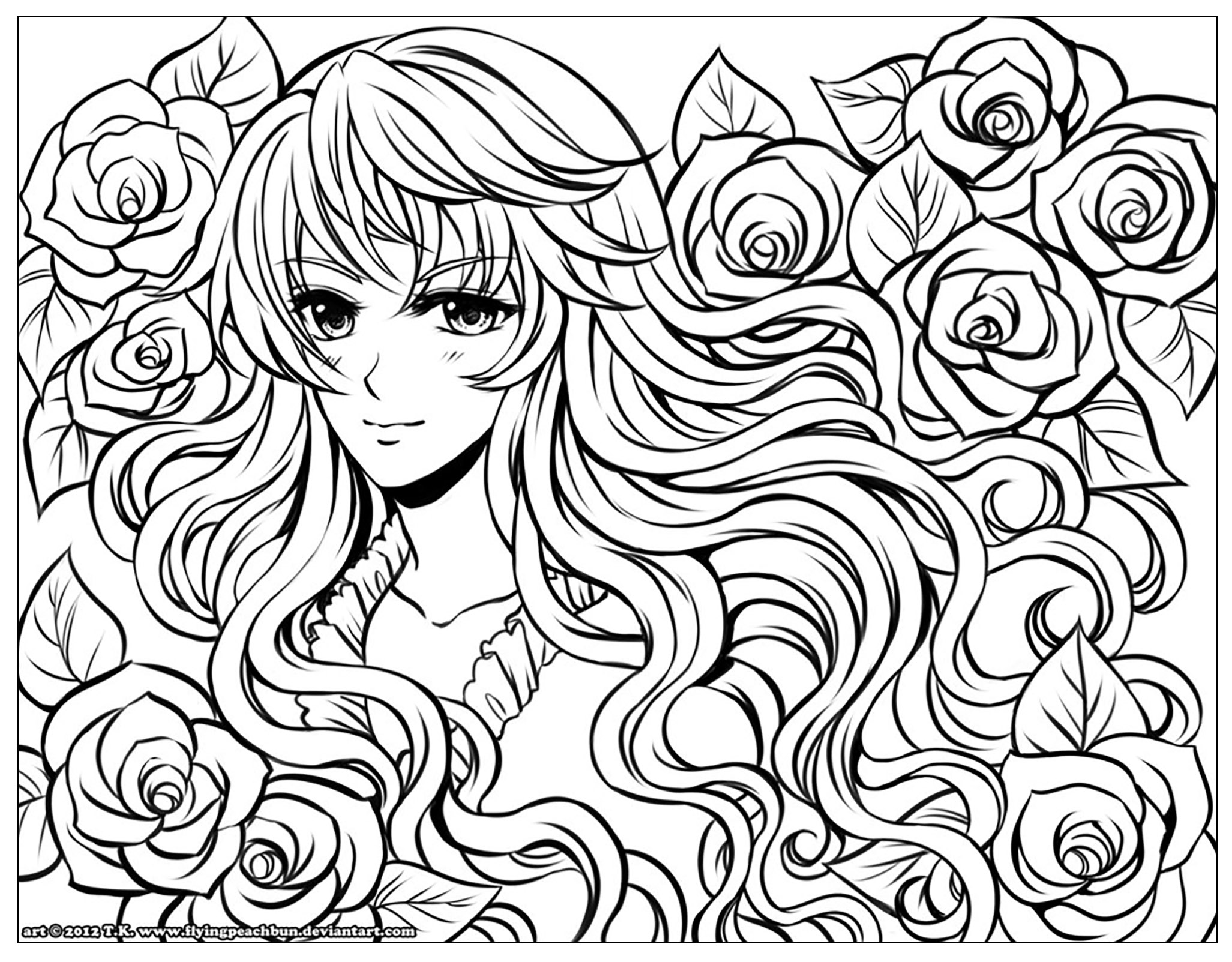 Manga girl with flowers - Manga / Anime Adult Coloring Pages