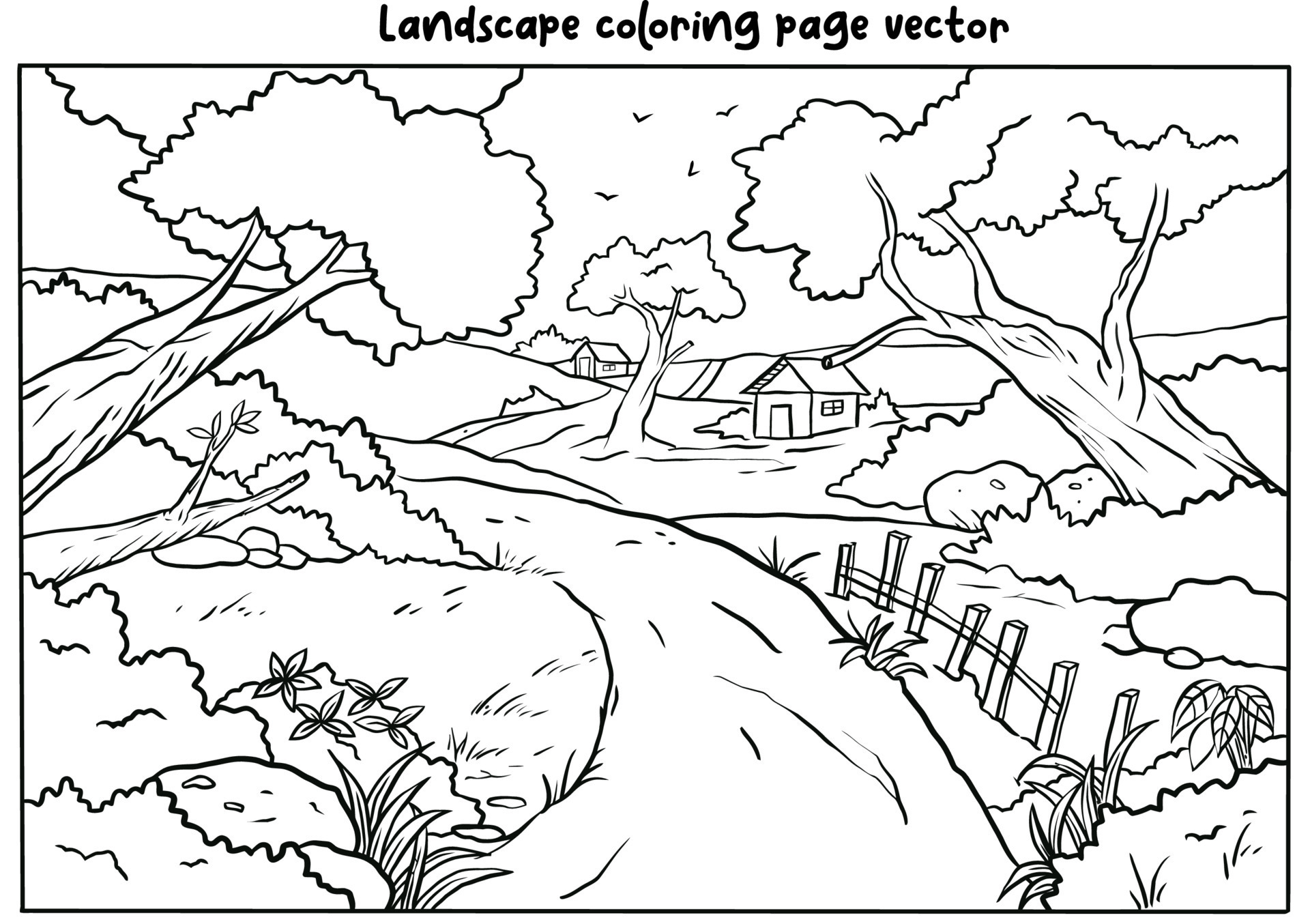 COUNTRYSIDE LANDSCAPE COLORING PAGE FOR ADULT 7695494 Vector Art at Vecteezy