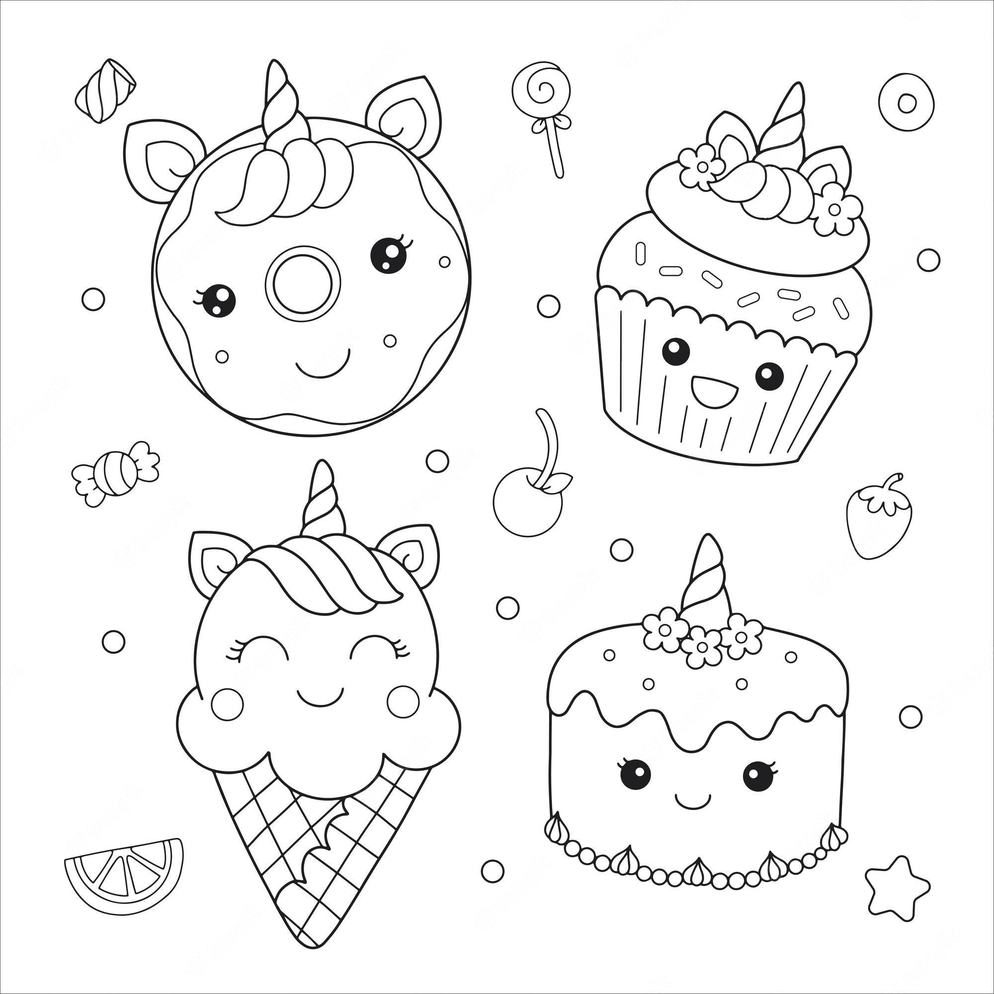 Premium Vector | Donut cupcake ice cream cake unicorn dessert coloring  doodle illustration