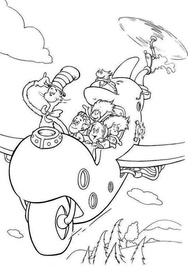 Dr Seuss The Cat in the Hat Flying with Wierd Airplane Coloring ...