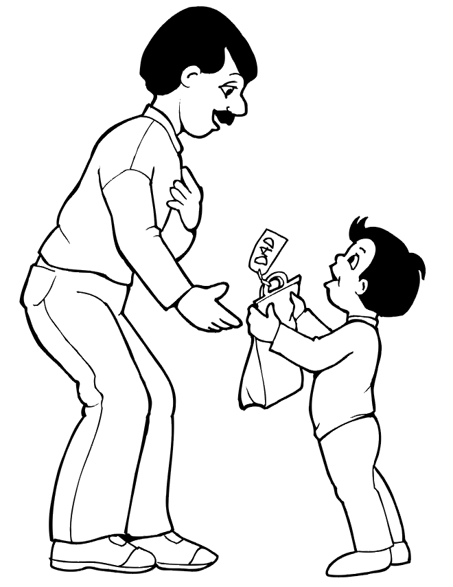 Fathers Day Coloring Page | Dad Receiving Gift From Son
