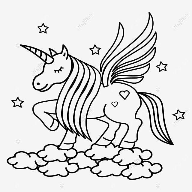 Line Drawing, Smiling Of Unicorn With Wings Coloring, Unicorn, Wings,  Coloring PNG Image For Free Download