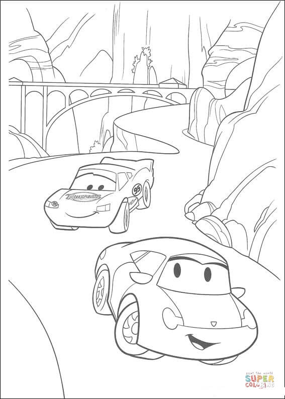Bridge behind McQueen riding on a steep and curvy road coloring page | Free  Printable Coloring Pages