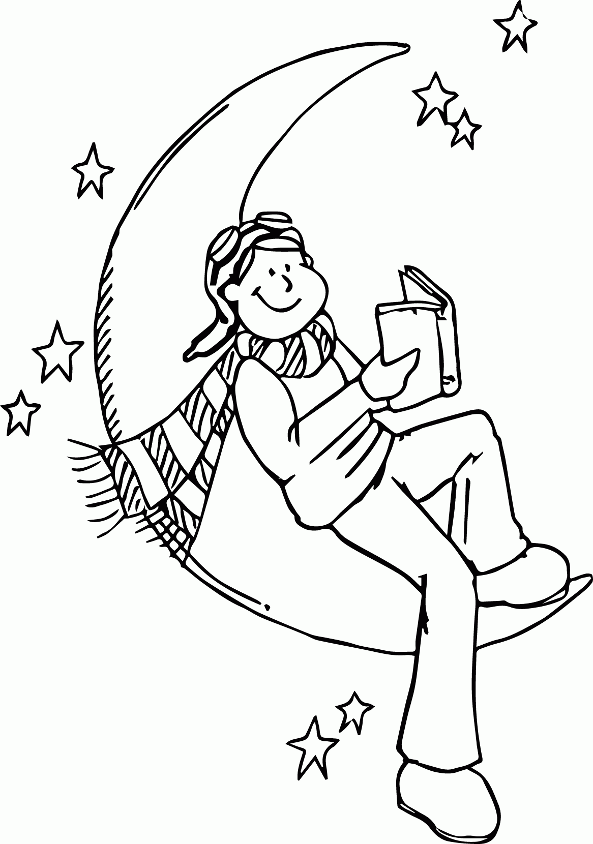 Children Read Book At The Moon Coloring Page | Wecoloringpage
