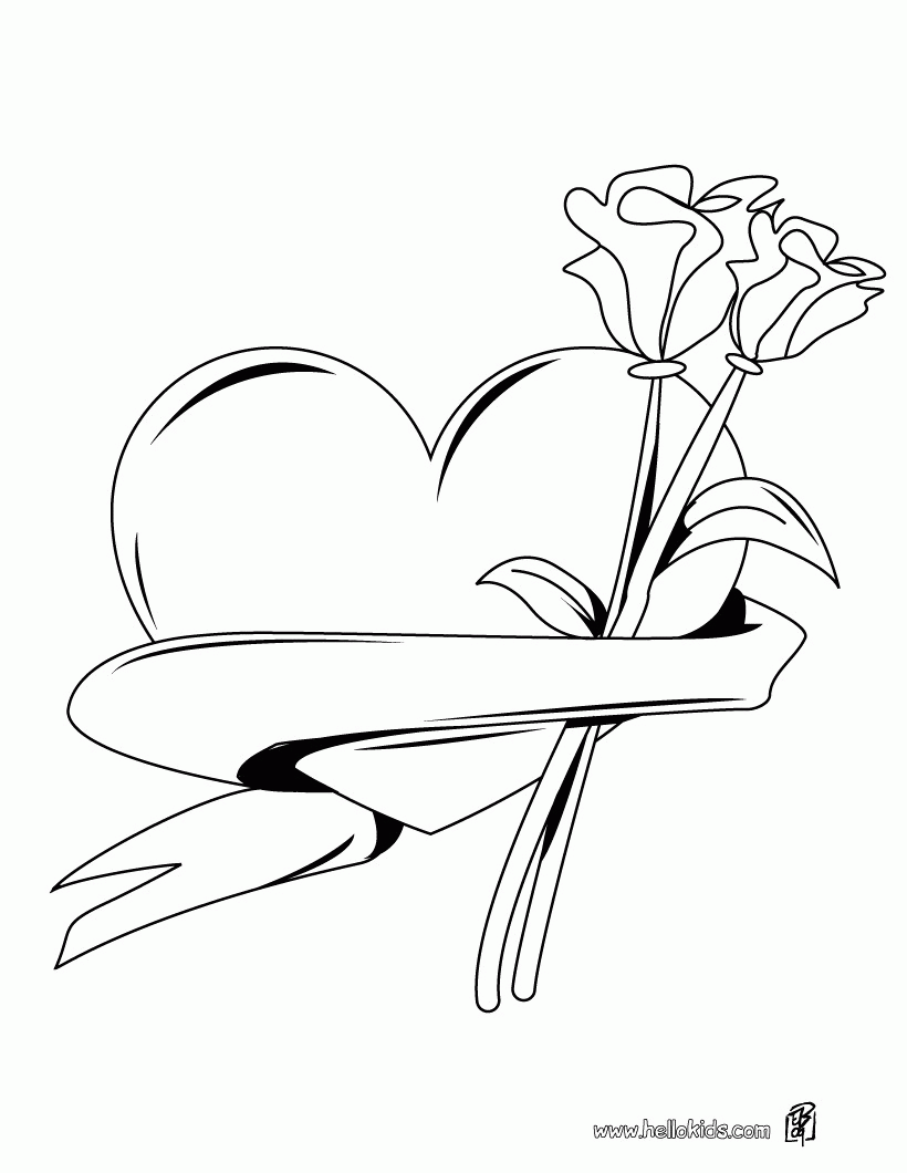 VALENTINE'S DAY coloring pages - Heart & roses bunch