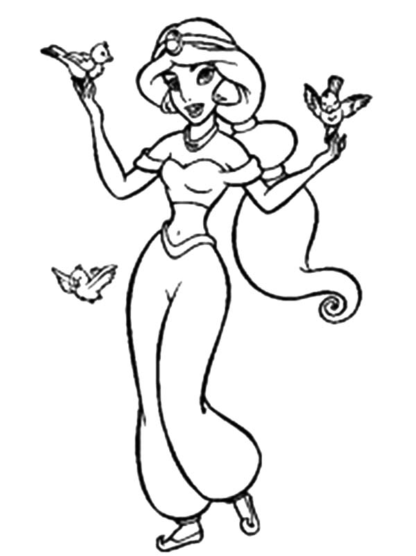 Jasmine Playing with Birds on Disney Princesses Coloring Page ...
