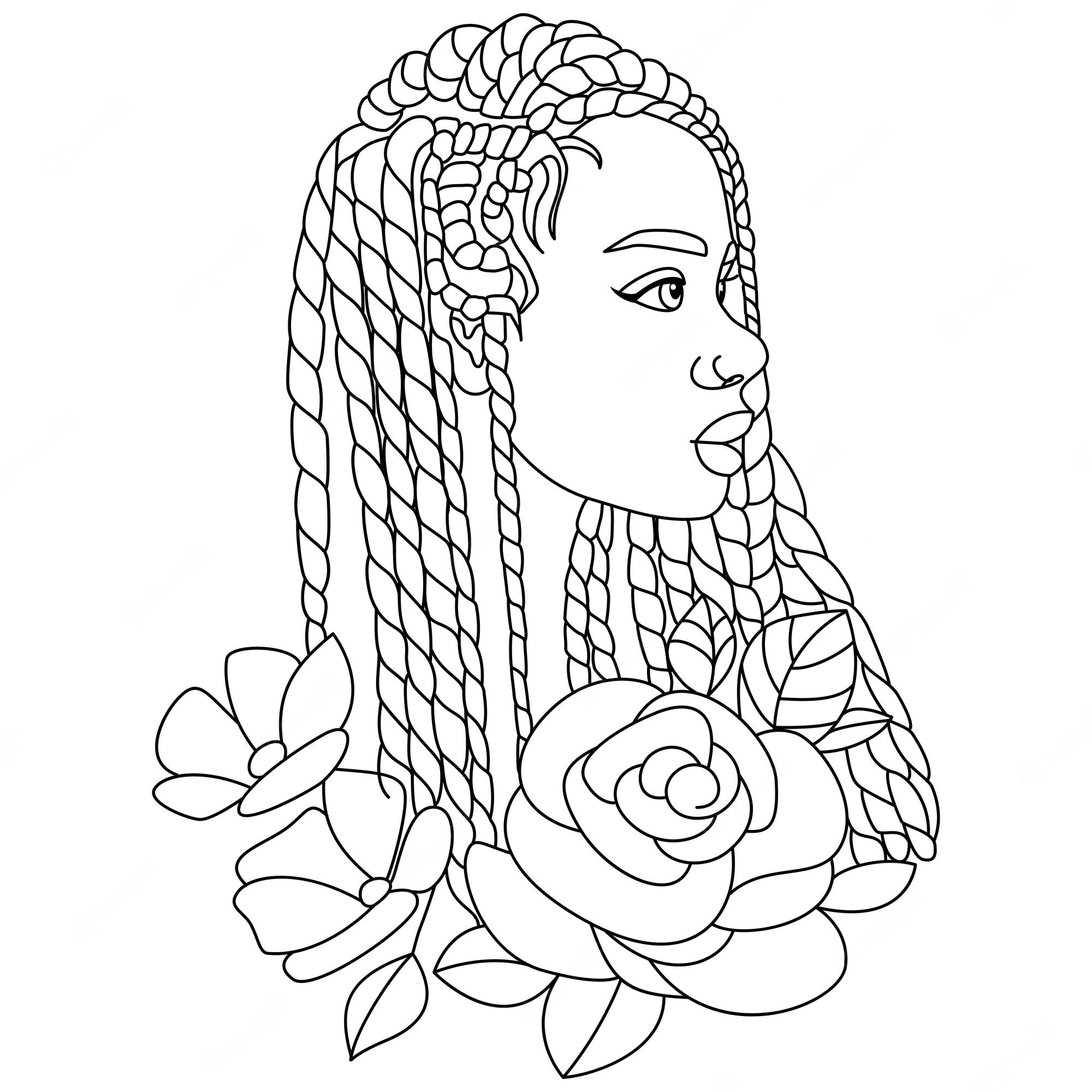Premium Vector | Red braids african black woman with some flowers afro girl  hairstyle vector coloring page outline