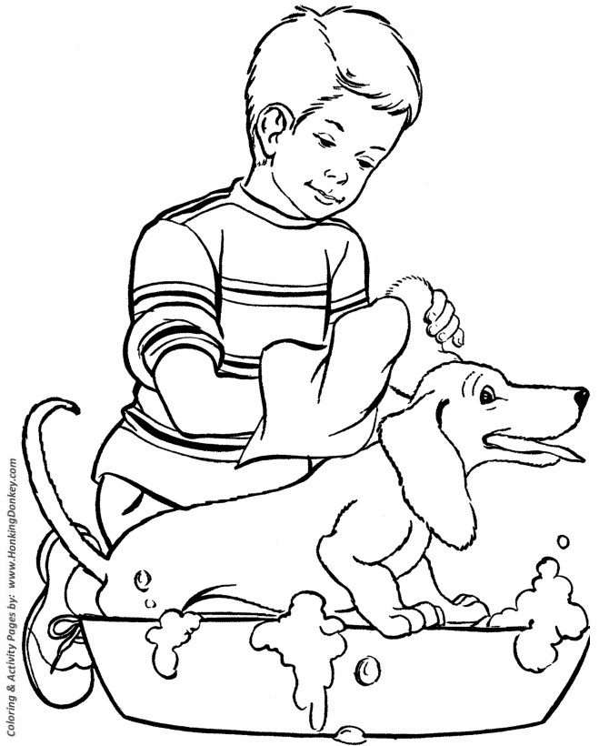Dog Coloring Pages | Printable Happy Dog Bath coloring page sheet 