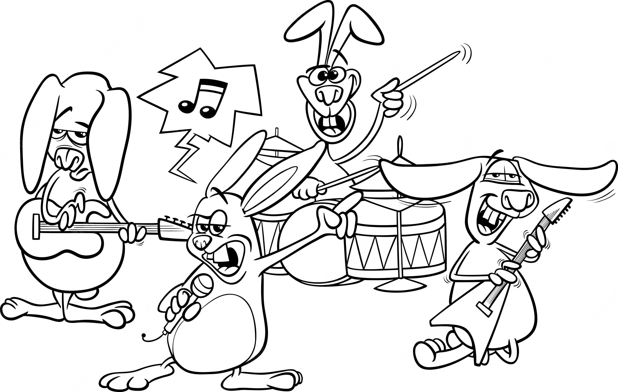 Premium Vector | Rabbits rock music band coloring page