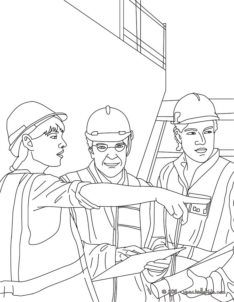 Architect on the construction site with the workers coloring pages -  Hellokids.com