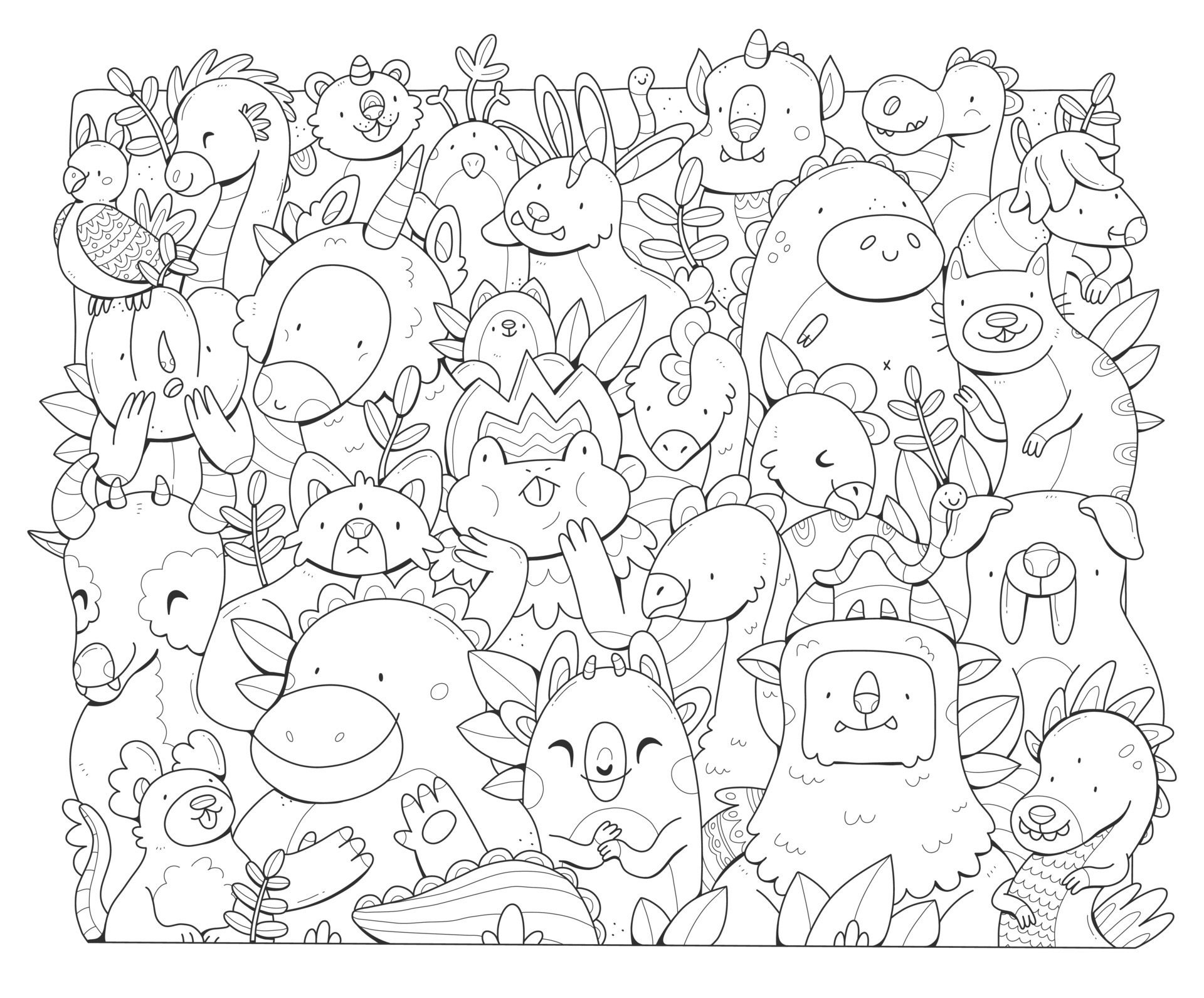 Monsters big doodle coloring book. The coloring page poster with different  cute creatures. Vector black and white illustration. 8405817 Vector Art at  Vecteezy