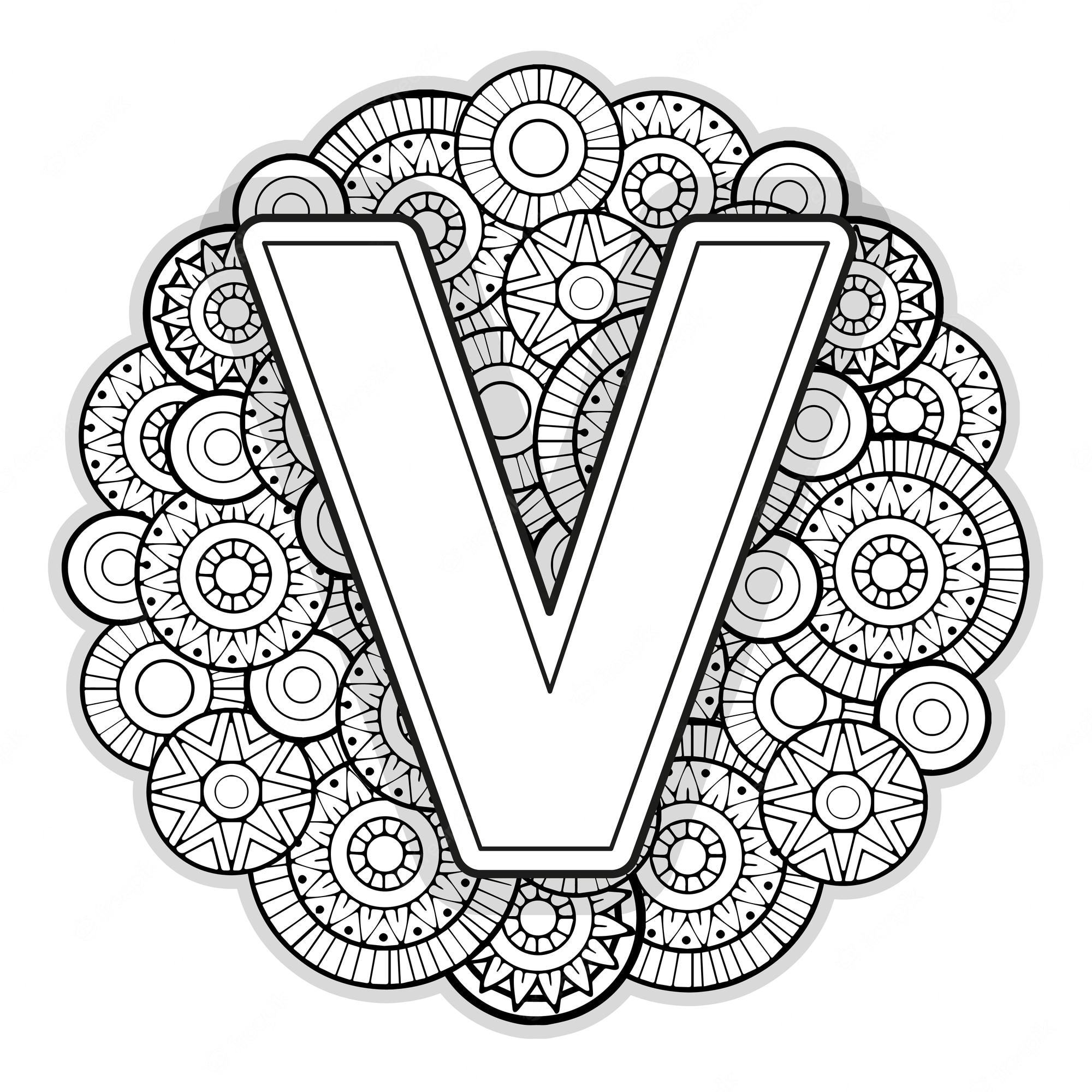 Premium Vector | Vector coloring page for adults contour black and white  capital english letter v on a mandala background