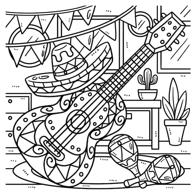 Premium Vector | Cinco de mayo guitar and maracas coloring page