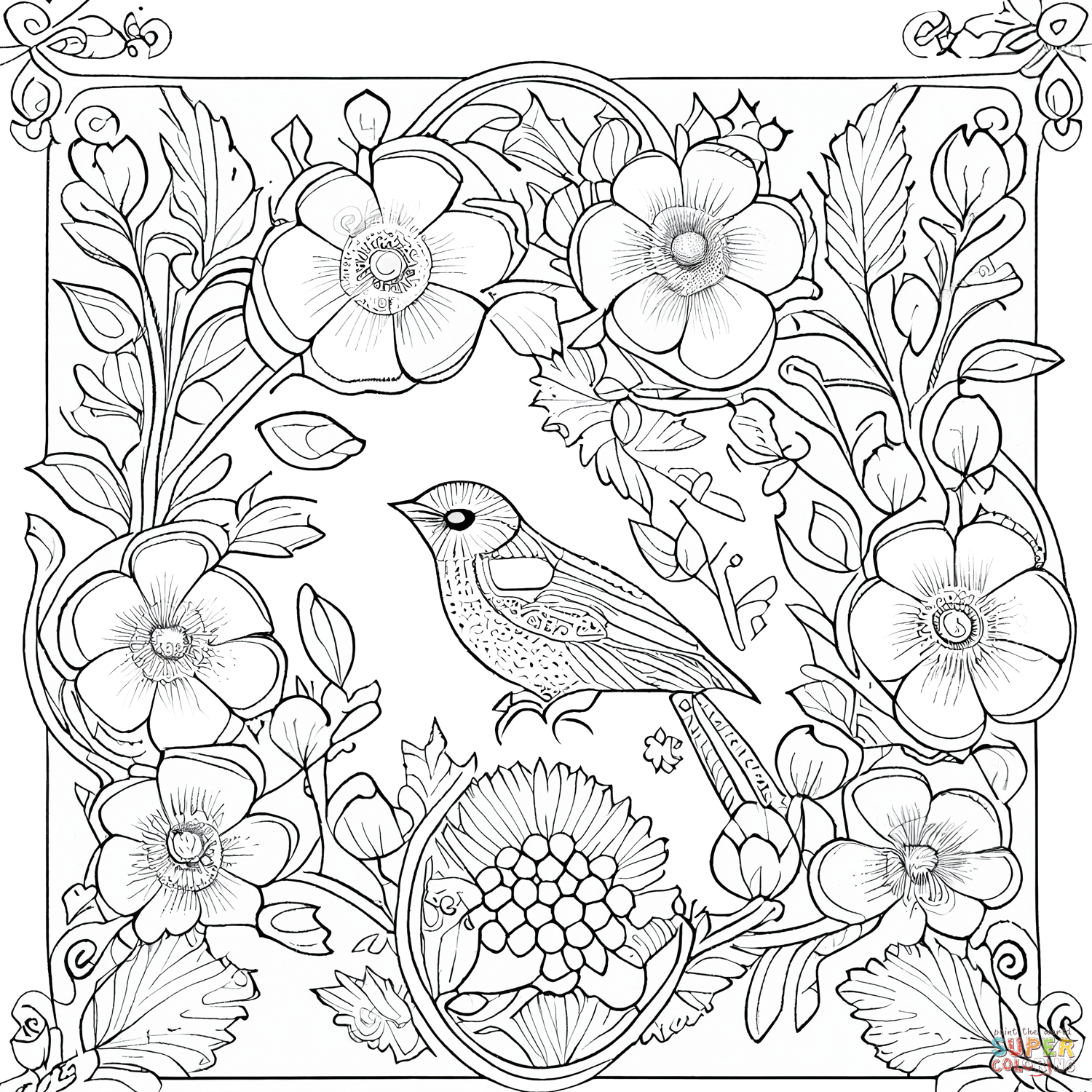 Bird in Summer Flowers coloring page | Free Printable Coloring Pages