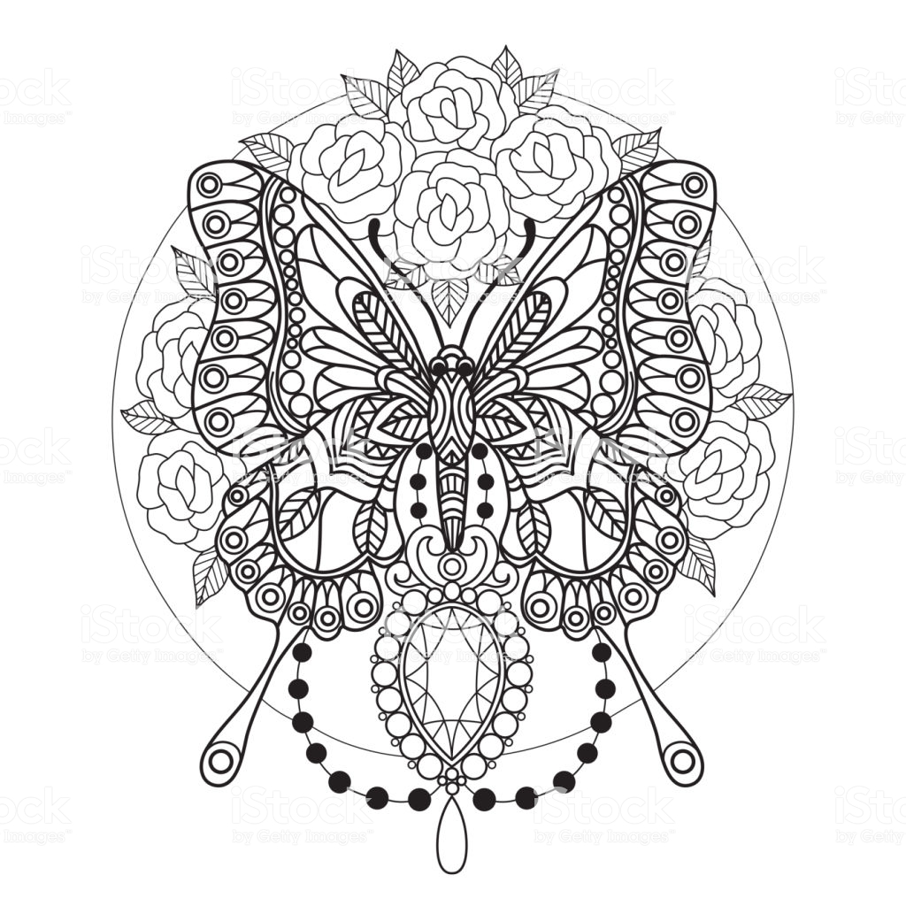 Zen Doodle Butterfly And Roses Tangles Adult Coloring Page ...