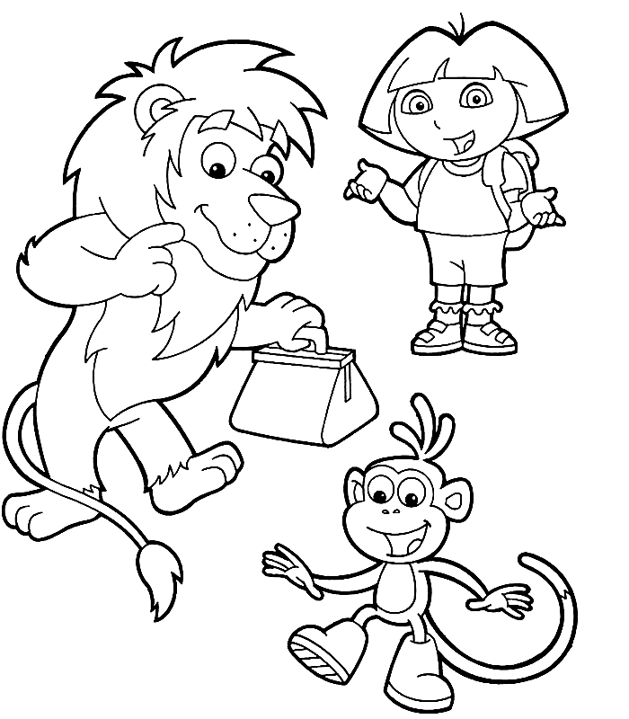Dora, Lion And Monkey Printable Coloring Page For Kids. Coloring