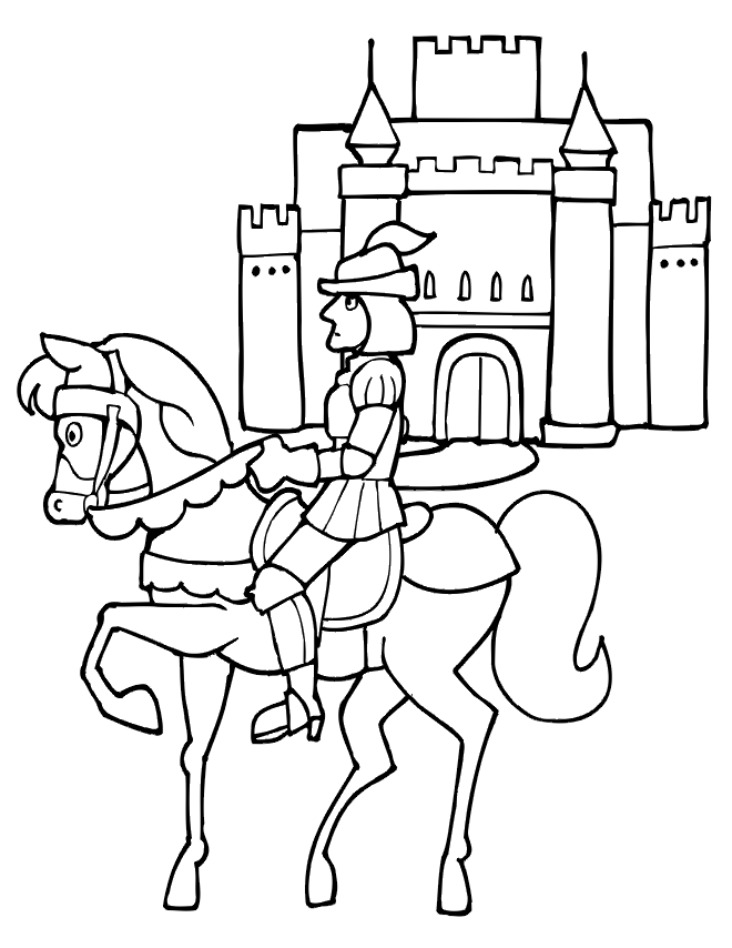 knight and horse coloring page in front of castle