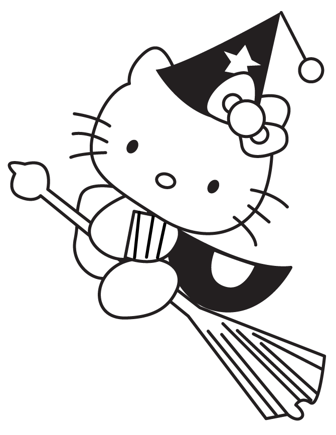 Hello Kitty Halloween Witch On Broom Coloring Page | Free 