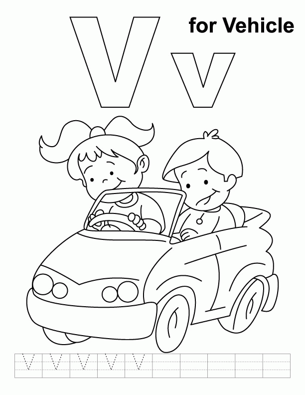 V for vehicles coloring page with handwriting practice | Download 