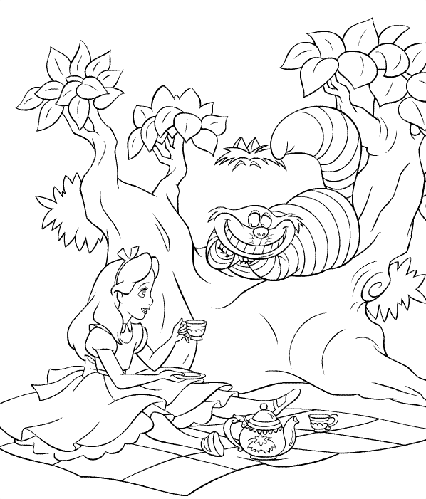 Picnic With Cheshire Cat - Alice  in Wonderland Coloring Pages
