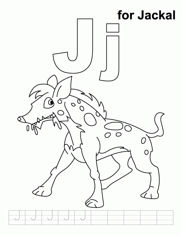 J for jackal coloring page with handwriting practice | Download 