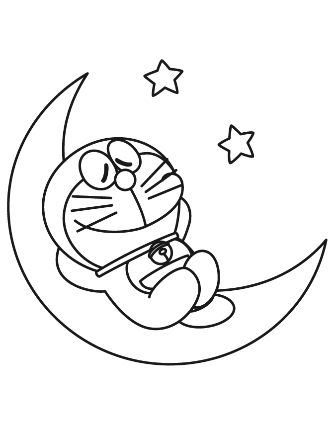 Doraemon Sleeps On Half Moon With Stars Coloring Page | Free 