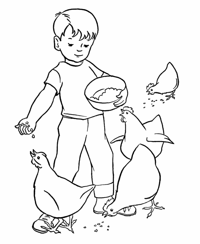 Farm Work and Chores Coloring Pages | Printable Boy feeding the 