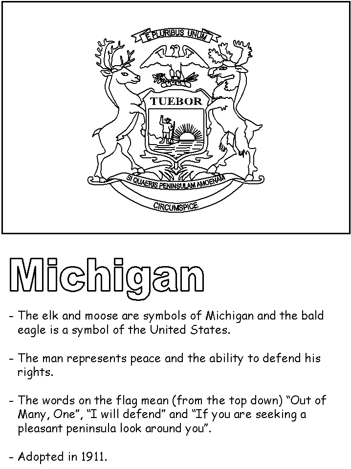 Michigan State flag and michigan information coloring page
