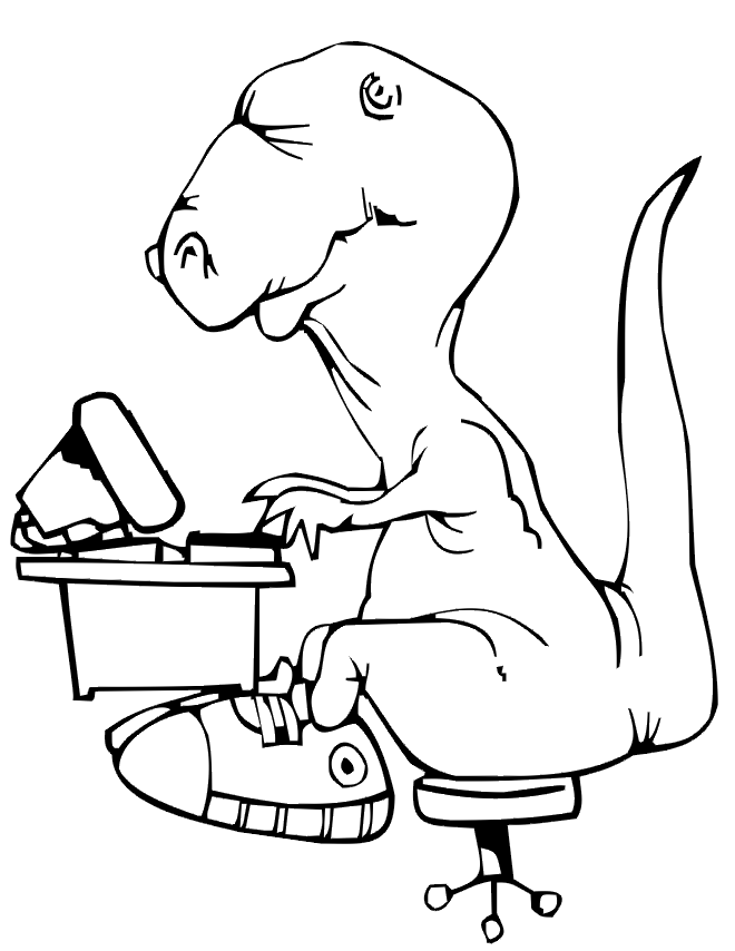 Dinosaur Coloring Page | Dinosaur Working On Old Computer
