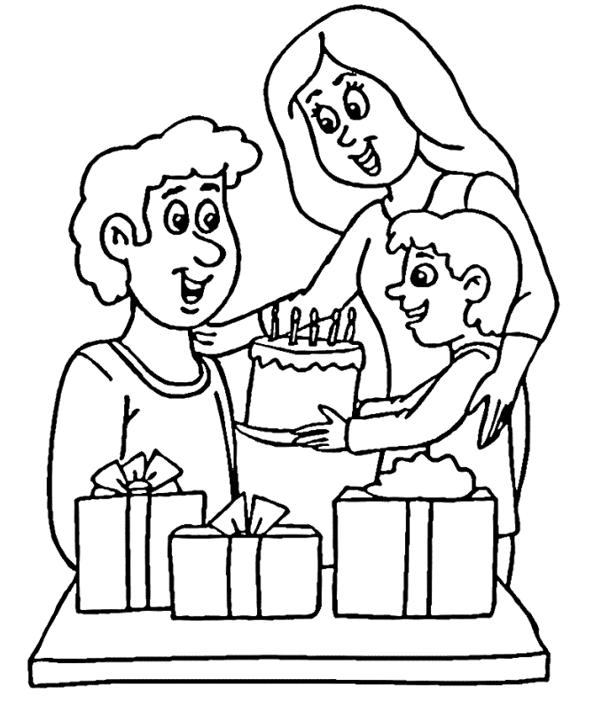 Father's Day Coloring Pages - Family giving Dad presents Coloring 