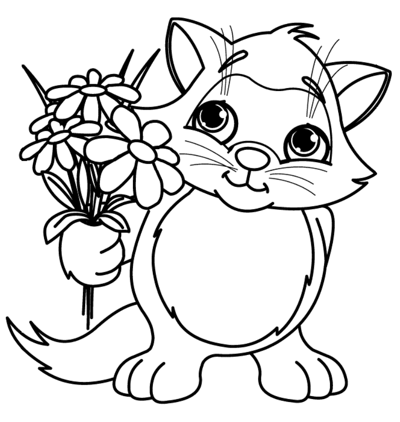spring flower coloring pages or cute little cat