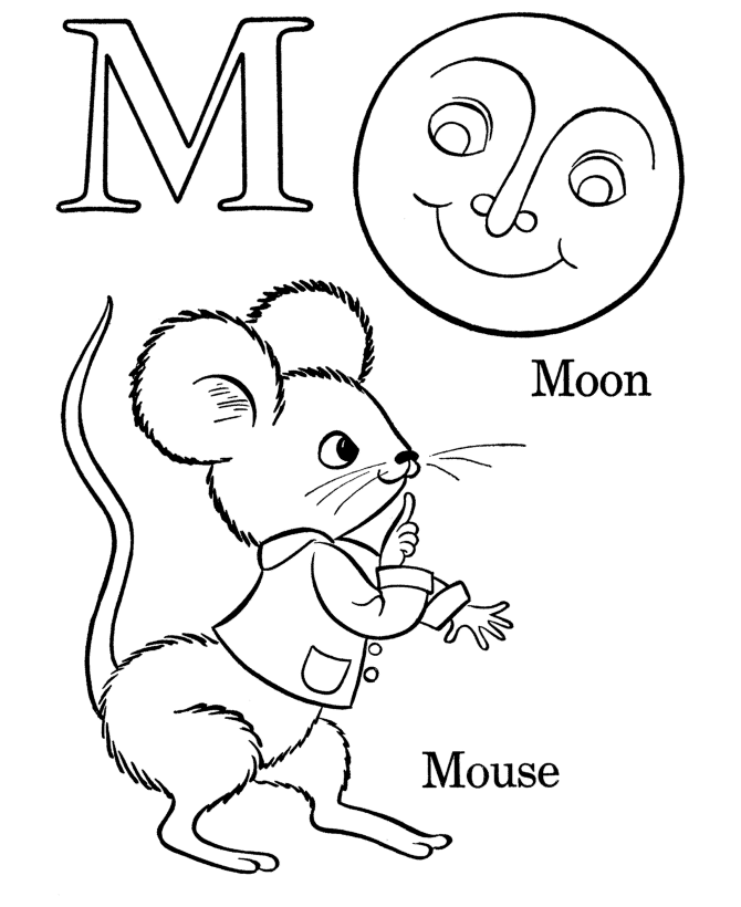 Letter M coloring pages for kids to Print – Mouse and Moon 