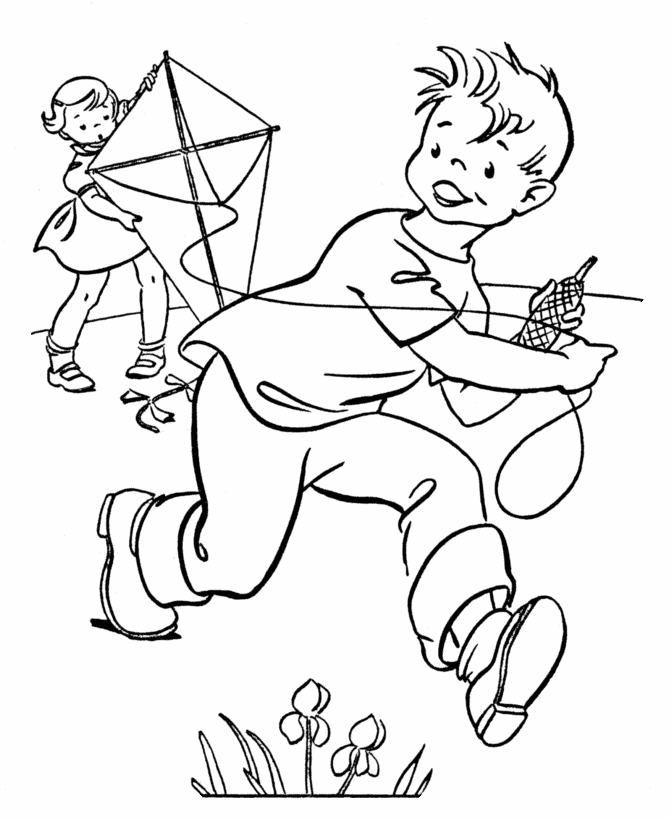 Spring Coloring Pages - Kids Spring Flying a Kyte Coloring Page 