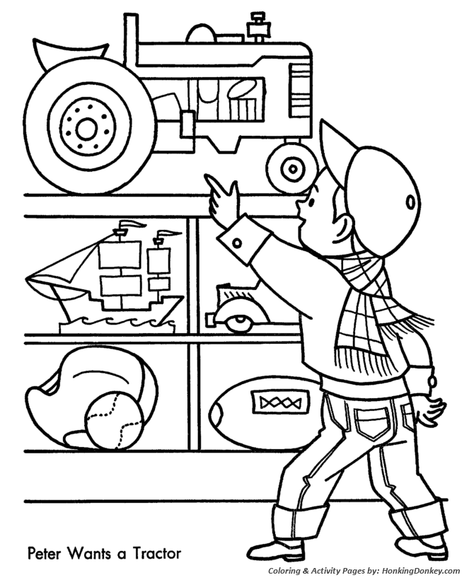 Christmas Shopping Coloring Pages - Toy Tractor Christmas Coloring Sheet |  HonkingDonkey